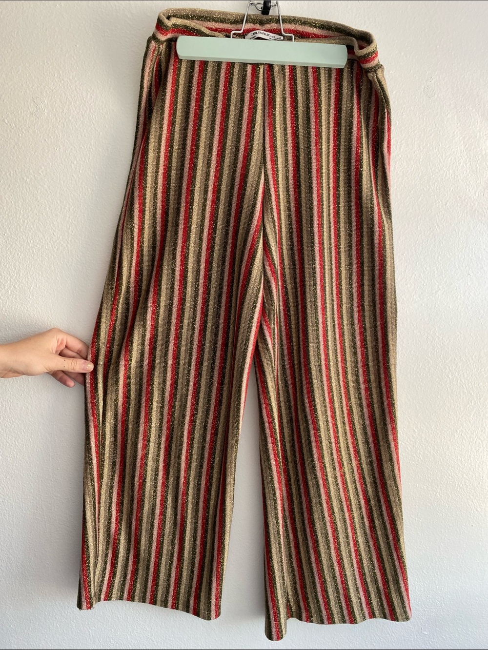Striped Wide-Leg Knit Pants - Olive, Red & Tan